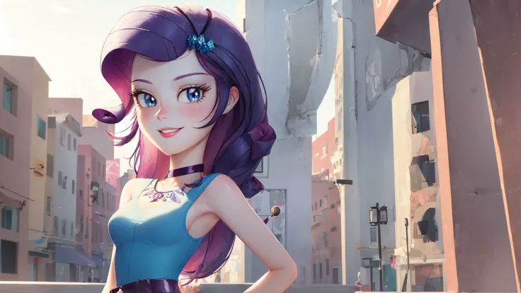(masterpiece, best quality:1.2),<lora:mlp_rarity-10:1>,cowboy shot,female,solo,1girl,mlprarity,smile,looking at viewer,hands on hips,hair ornament,dress,jewelry,bracelet,highres,masterpiece,perfect ligthing,bloom,cinematic lighting,adult,perfect skin,narrow waist,skinny,choker,detailed eyes,blue eyes,choker,sensual,pink lips,((glossy lips)),pursed lips,pink pumps,glossy skin,oily skin,beautiful light,(day:1.3),bright,looking at viewer,city streets,