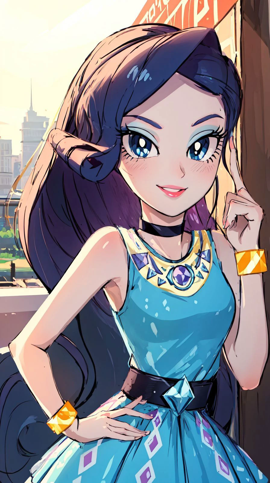 UNICODE(masterpiece, best quality:1.2),<�lora:mlp_rarity-10:1>,cowboy shot,female,solo,1girl,mlprarity,smile,looking at viewer,hands on hips,hair ornament,dress,jewelry,bracelet,highres,masterpiece,perfect ligthing,bloom,cinematic lighting,adult,perfect skin,narrow waist,skinny,choker,detailed eyes,blue eyes,choker,sensual,pink lips,((glossy lips)),pursed lips,pink pumps,glossy skin,oily skin,beautiful light,(day:1.3),bright,looking at viewer,city streets,