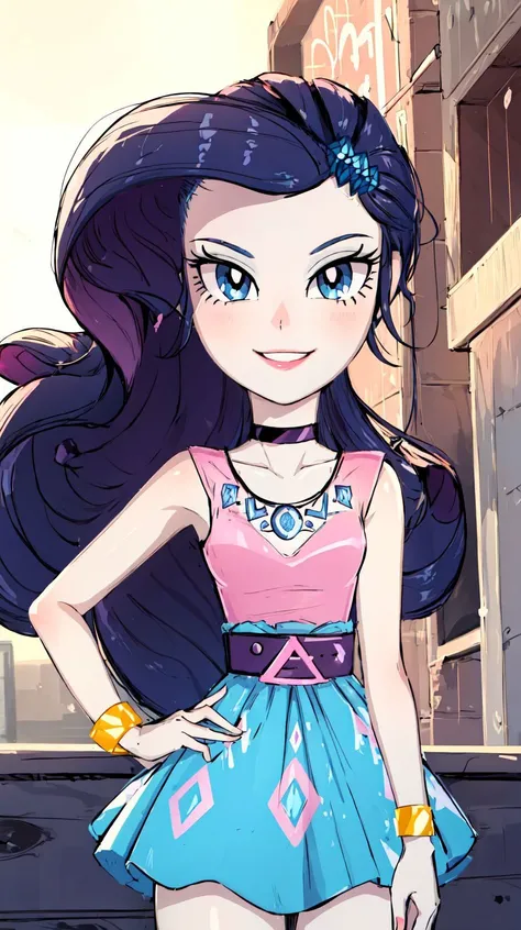 UNICODE(masterpiece, best quality:1.2),<�lora:mlp_rarity-10:1>,cowboy shot,female,solo,1girl,mlprarity,smile,looking at viewer,hands on hips,hair ornament,dress,jewelry,bracelet,highres,masterpiece,perfect ligthing,bloom,cinematic lighting,adult,perfect skin,narrow waist,skinny,choker,detailed eyes,blue eyes,choker,sensual,pink lips,((glossy lips)),pursed lips,pink pumps,glossy skin,oily skin,beautiful light,(day:1.3),bright,looking at viewer,city streets,