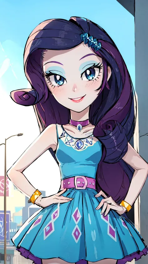 UNICODE(masterpiece, best quality:1.2),<�lora:mlp_rarity-10:1>,cowboy shot,female,solo,1girl,mlprarity,smile,looking at viewer,hands on hips,hair ornament,dress,jewelry,bracelet,highres,masterpiece,perfect ligthing,bloom,cinematic lighting,adult,perfect skin,narrow waist,skinny,choker,detailed eyes,blue eyes,choker,sensual,pink lips,((glossy lips)),pursed lips,pink pumps,glossy skin,oily skin,beautiful light,(day:1.3),bright,looking at viewer,city streets,
