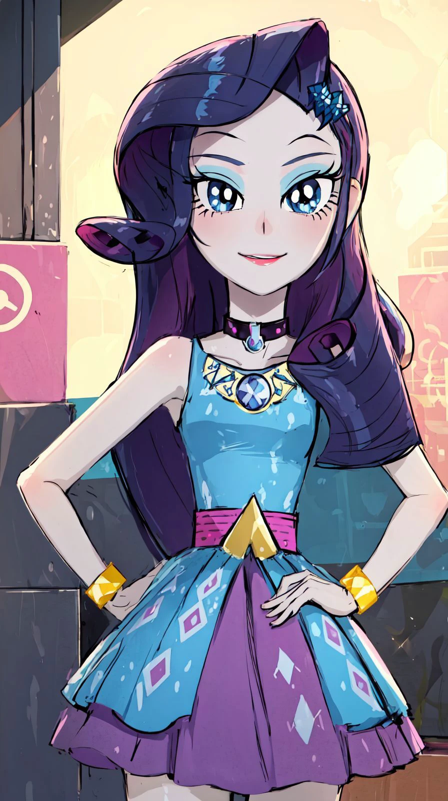 UNICODE(masterpiece, best quality:1.2),<�lora:mlp_rarity-10:1>,cowboy shot,female,solo,1girl,mlprarity,smile,looking at viewer,hands on hips,hair ornament,dress,jewelry,bracelet,highres,masterpiece,perfect ligthing,bloom,cinematic lighting,adult,perfect skin,narrow waist,skinny,choker,detailed eyes,blue eyes,choker,sensual,pink lips,((glossy lips)),pursed lips,pink pumps,glossy skin,oily skin,beautiful light,(day:1.3),bright,looking at viewer,city streets,