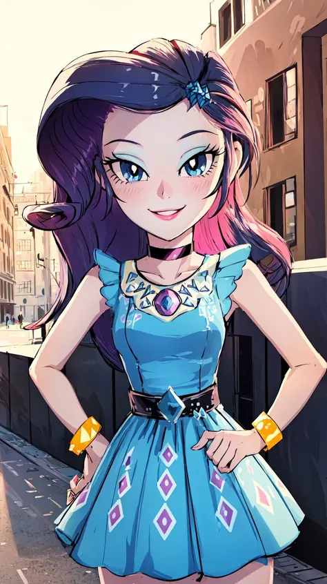 UNICODE(masterpiece, best quality:1.2),&lt;�lora:mlp_rarity-10:1&gt;,cowboy shot,female,solo,1girl,mlprarity,smile,looking at viewer,hands on hips,hair ornament,dress,jewelry,bracelet,highres,masterpiece,perfect ligthing,bloom,cinematic lighting,adult,perfect skin,narrow waist,skinny,choker,detailed eyes,blue eyes,choker,sensual,pink lips,((glossy lips)),pursed lips,pink pumps,glossy skin,oily skin,beautiful light,(day:1.3),bright,looking at viewer,city streets,