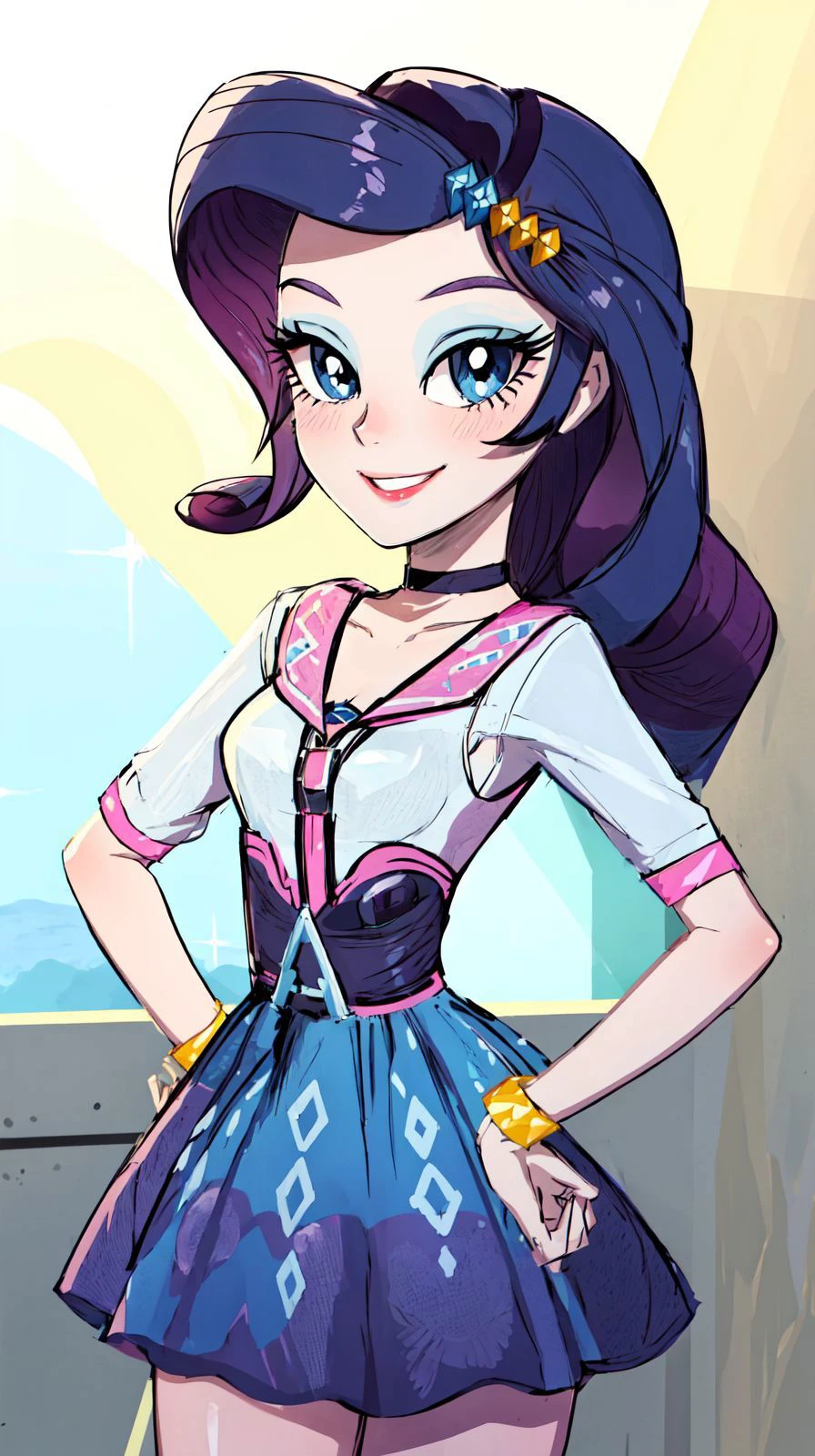UNICODE(masterpiece, best quality:1.2),<�lora:mlp_rarity-10:1>,cowboy shot,female,solo,1girl,mlprarity,smile,looking at viewer,hands on hips,hair ornament,dress,jewelry,bracelet,highres,masterpiece,perfect ligthing,bloom,cinematic lighting,adult,perfect skin,narrow waist,skinny,choker,detailed eyes,blue eyes,choker,sensual,pink lips,((glossy lips)),pursed lips,pink pumps,glossy skin,oily skin,beautiful light,(day:1.3),bright,looking at viewer,city streets,