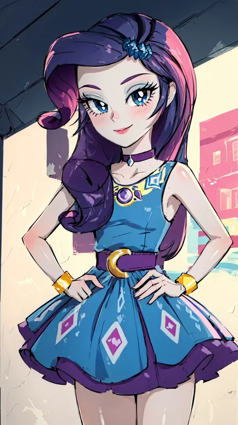 UNICODE(masterpiece, best quality:1.2),<�lora:mlp_rarity-10:1>,cowboy shot,female,solo,1girl,mlprarity,smile,looking at viewer,hands on hips,hair ornament,dress,jewelry,bracelet,highres,masterpiece,perfect ligthing,bloom,cinematic lighting,adult,perfect skin,narrow waist,skinny,choker,detailed eyes,blue eyes,choker,sensual,pink lips,((glossy lips)),pursed lips,pink pumps,glossy skin,oily skin,beautiful light,(day:1.3),bright,looking at viewer,city streets,