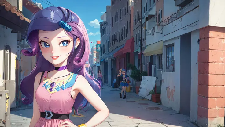 (masterpiece, best quality:1.2),<lora:mlp_rarity-10:1>,cowboy shot,female,solo,1girl,mlprarity,smile,looking at viewer,hands on hips,hair ornament,dress,jewelry,bracelet,highres,masterpiece,perfect ligthing,bloom,cinematic lighting,adult,perfect skin,narrow waist,skinny,choker,detailed eyes,blue eyes,choker,sensual,pink lips,((glossy lips)),pursed lips,pink pumps,glossy skin,oily skin,beautiful light,(day:1.3),bright,looking at viewer,city streets,