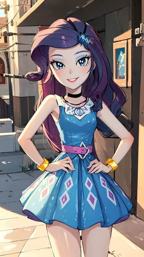 UNICODE(masterpiece, best quality:1.2),&lt;�lora:mlp_rarity-10:1&gt;,cowboy shot,female,solo,1girl,mlprarity,smile,looking at viewer,hands on hips,hair ornament,dress,jewelry,bracelet,highres,masterpiece,perfect ligthing,bloom,cinematic lighting,adult,perfect skin,narrow waist,skinny,choker,detailed eyes,blue eyes,choker,sensual,pink lips,((glossy lips)),pursed lips,pink pumps,glossy skin,oily skin,beautiful light,(day:1.3),bright,looking at viewer,city streets,