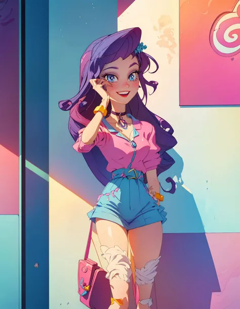 UNICODE(masterpiece, best quality:1.2),<�lora:mlp_rarity-10:1>,cowboy shot,female,solo,1girl,mlprarity,smile,looking at viewer,hands on hips,hair ornament,dress,jewelry,bracelet,highres,masterpiece,perfect ligthing,bloom,cinematic lighting,adult,perfect skin,narrow waist,skinny,choker,detailed eyes,blue eyes,choker,sensual,pink lips,((glossy lips)),pursed lips,pink pumps,glossy skin,oily skin,beautiful light,(day:1.3),bright,looking at viewer,city streets,