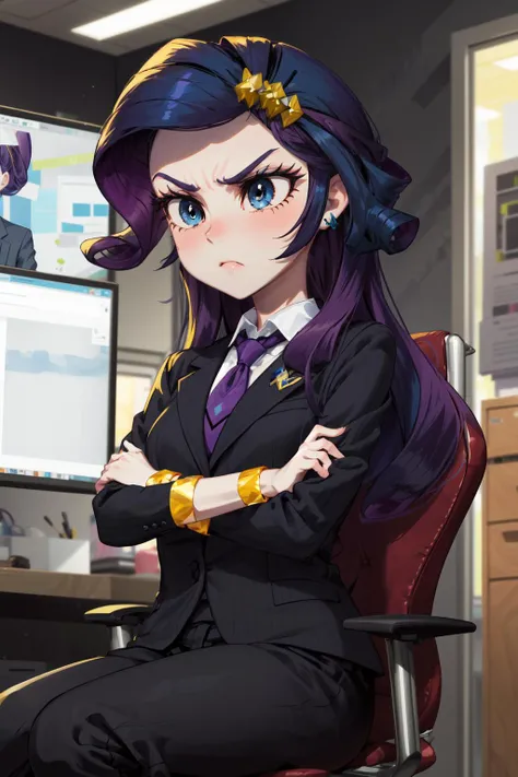 masterpiece,best quality,1girl,mlprarity,colored skin,hair ornament,purple hair,blue eyes,jewelry,bracelet,business suit,serious,crossed arms,sitting on president chair,office,<lora:mlp_rarity:0.9>,