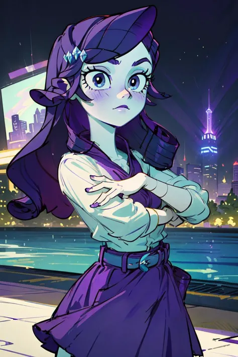 (mlprarity:1.2), (colored skin, white skin:1.5), (purple hair:1.5), (blue eyes, side parted hair, long hair, curly hair:1.2), (white blouse, purple skirt, purple belt:1.5), diamond theme, city girl, city, (realistic:1.2), (masterpiece:1.2), (full-body-shot:1.2),(Cowboy-shot:1.2), neon lighting, dark romantic lighting, (highly detailed:1.2),(detailed face:1.2), (gradients), colorful, detailed eyes, (detailed landscape:1.2), (natural lighting:1.2),(detailed background), detailed landscape, (glamour pose:1.2), solo, <lora:mlp_rarity-10:0.8> <lora:add_detail:0.15> <lora:hipoly3DModelLora_v10:0.05> <lora:RSERomantic_RSESofiko_RSEEmma-v1:0.1> <lora:BeautifulEyes:0.65> <lyco:coloredSkin-08:0.3>