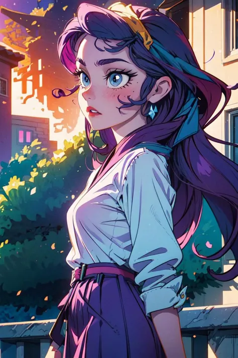 (mlprarity:1.2), (colored skin, white skin:1.5), (purple hair:1.5), (blue eyes, side parted hair, long hair, curly hair:1.2), (white blouse, purple skirt, purple belt:1.5), diamond theme, city girl, city, (realistic:1.2),  (masterpiece:1.2), (full-body-shot:1.2),(Cowboy-shot:1.2), neon lighting, dark romantic lighting, (highly detailed:1.2),(detailed face:1.2), (gradients), colorful, detailed eyes, (detailed landscape:1.2), (natural lighting:1.2),(detailed background), detailed landscape, (glamour pose:1.2), solo, <lora:mlp_rarity-10:0.8> <lora:add_detail:0.15> <lora:hipoly3DModelLora_v10:0.05>  <lora:RSERomantic_RSESofiko_RSEEmma-v1:0.1> <lora:BeautifulEyes:0.65> <lyco:coloredSkin-08:0.3>