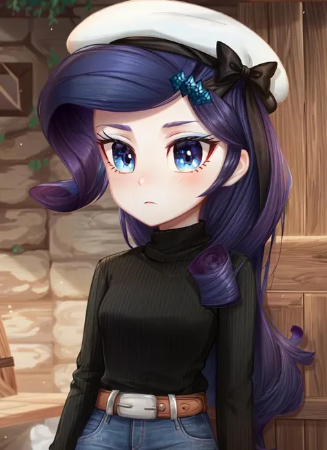 ((best quality)), ((highly detailed)), masterpiece, (detailed eyes, deep eyes), (1girl), upper body, <lora:hairdetailer:.8>, <lora:mlp_rarity:1>, mlprarity, colored skin, purple hair, hair ornament, blue eyes, turtleneck sweater, black sweater, long sleeves, white pants, belt, beret, (indoors, in a dungeon)