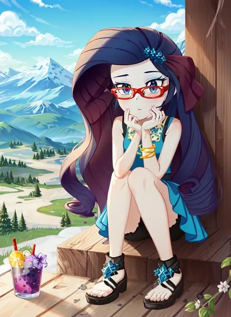 ((best quality)), ((highly detailed)), masterpiece, (detailed eyes, deep eyes), (1girl), (glasses), full body, <lora:mlp_rarity:1>, mlprarity, colored skin, purple hair, hair ornament, blue eyes, dress, jewelry, bracelet, (on a mountain, afternoon)