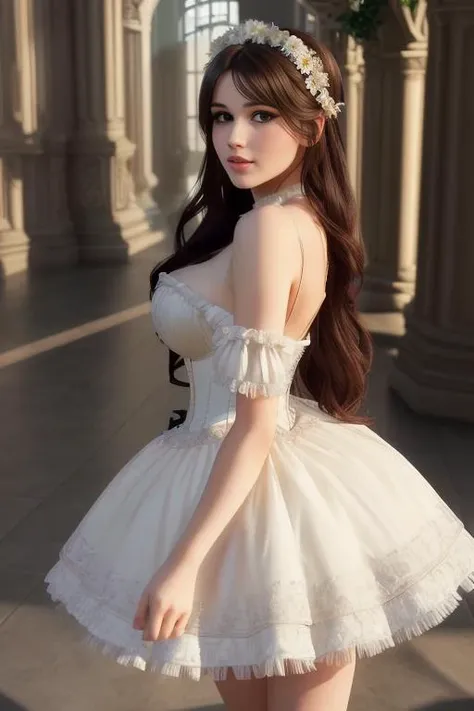 pelageaasmr, Style-Empire, 1girl, corset, cinematic, (portrait), sideface, foreshortening, breasts, cleavage, ((detailed face, beautiful face, full makeup)), full_body, high_heels, long_hair, solo, depth_of_field, outdoors, realistic,(medium), photorealistic, (ultra-detailed:1.2), ((high ornamented dress)), detailed light, HDR, Empire_dress