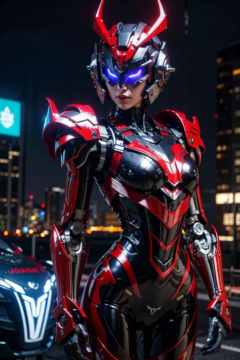 1girl,masterpiece,best quality,ultra-detailed,mecha musume,mechanical parts, robot joints,single mechanical arm, headgear, intricate mechanical bodysuit, full armor, city skyline, red neon lights, full helm, mask, glowing red eyes<lora:A-Mecha-REN:1>