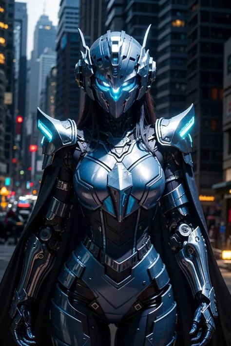 1girl,masterpiece,best quality,ultra-detailed,mecha musume,mechanical parts, robot joints,single mechanical arm, headgear, intricate mechanical bodysuit, full armor, city skyline, full helm, mask, cloak, glowing blue eyes <lora:A-Mecha-REN:1>