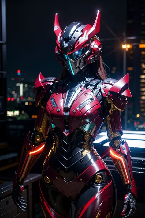 1girl,masterpiece,best quality,ultra-detailed,mecha musume,mechanical parts, robot joints,single mechanical arm, headgear, intricate mechanical bodysuit,  full armor, city skyline, red neon lights, full helm, mask, glowing red eyes<lora:A-Mecha-REN:1>