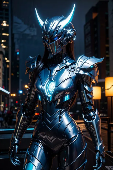 1girl,masterpiece,best quality,ultra-detailed,mecha musume,mechanical parts, robot joints,single mechanical arm, headgear, intricate mechanical bodysuit, full armor, city skyline, full helm, mask, glowing blue eyes, mechanical wings <lora:A-Mecha-REN:1>