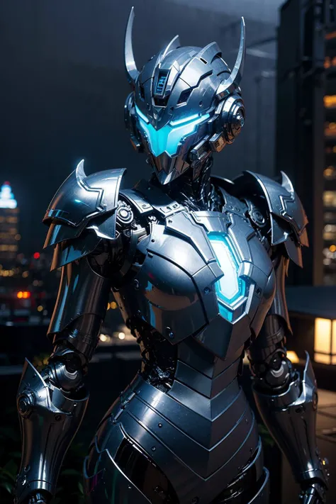 1girl,masterpiece,best quality,ultra-detailed,mecha musume,mechanical parts, robot joints,single mechanical arm, headgear, intricate mechanical bodysuit, full armor, city skyline, full helm, mask, (white armor, paladin), glowing blue eyes <lora:A-Mecha-REN:1>