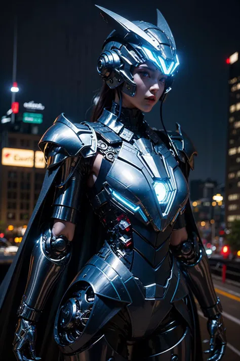 1girl,masterpiece,best quality,ultra-detailed,mecha musume,mechanical parts, robot joints,single mechanical arm, headgear, intricate mechanical bodysuit, full armor, city skyline, full helm, mask, cape, glowing blue eyes <lora:A-Mecha-REN:1>