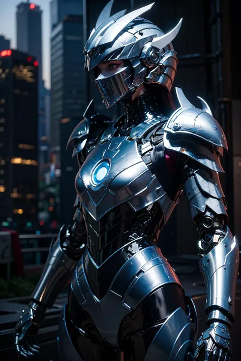 1girl,masterpiece,best quality,ultra-detailed,mecha musume,mechanical parts, robot joints,single mechanical arm, headgear, intricate mechanical bodysuit, full armor, city skyline, full helm, mask, (white armor, paladin), glowing blue eyes <lora:A-Mecha-REN:1>