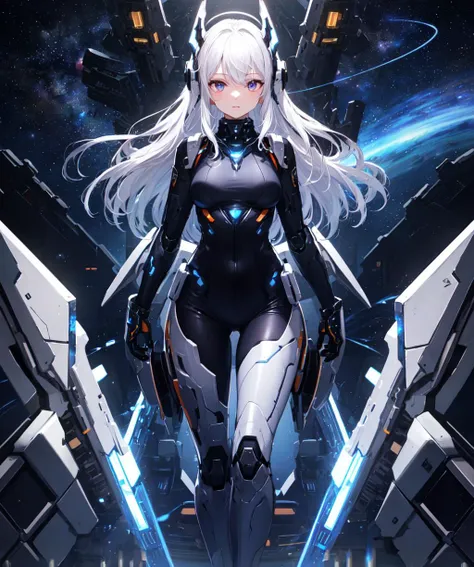 (masterpiece, photorealistic,best quality, extremely detailed CG,beautiful detailed eyes,ultra-detailed,intricate details,from front),solo,1girl,long hair,colored inner hair,(purple\orange eyes),full body,hair between eyes,white hair,detailed background((orbit, starry sky,space ship)),(LEDs cable,medium breasts,headgear,full armor,head gear,mecha halo,demontheme,nebula,holy aura,cyber effects,full arrmor,intricate mechanical bodysuit,shoulder arrmor,),caustics,reflection,ray tracing,<lora:A-Mecha-REN[white\blue color,mecha musume, mechanical parts,robot joints]:0.85>random expressions,random action,