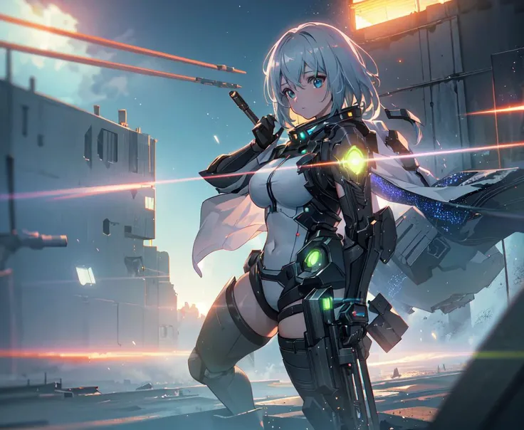 anime girl, post apocalyptic, destroyed city background, space ship in sky, science fiction, (Thick Body:1.4), HDR (High Dynamic Range), Ray Tracing, NVIDIA RTX, Super-Resolution, Unreal 5, Subsurface Scattering, PBR Texturing, Post-Processing, Anisotropic Filtering, Depth-Of-Field Surface Shading, Accurate Simulation Of Light-Material Interaction, Octane Render, Two-Tone Lighting, Low ISO, White Balance, Rule Of Thirds, Wide Aperture, 8K RAW, Efficient Sub-Pixel, Sub-Pixel Convolution, (Luminescent Particles:1.4), {{Masterpiece, Best Quality, Extremely Detailed CG, Unity 8k Wallpaper, 3D, Cinematic Lightin <lora:A-RandomSuper [mecha musume,mechanical parts,super robot joints,headgear,full armor]:1>
