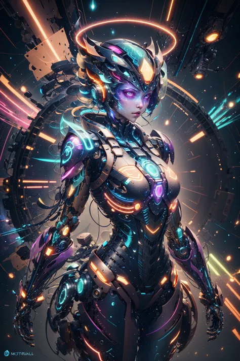 masterpiece,best quality,ultra-detailed,very detailed illustrations,extremely detailed,intricate details,highres,super complex details,extremely detailed 8k cg wallpaper,cowboy shot, demontheme,nebula,dark aura,cyber effect, (1girl:1.4),solo,alone,mecha musume,mechanical parts, robot joints,single mechanical arm, headgear, mechanical halo,star halo,intricate mechanical bodysuit, mecha corset, full armor, very long hair,white hair,  multicolored hair, colored inner hair,  random expressions,random action,  starry sky,skyline,full body, halo,
  <lora:A-Mecha-REN:0.8> , <lora:Neonpunkai-8:0.8>, (Neonpunkai),