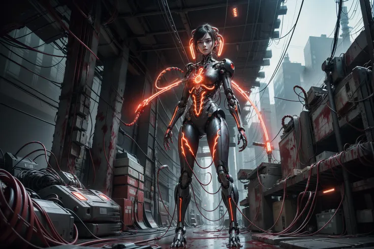 (masterpiece, top quality, best quality, official art, beautiful and aesthetic:1.2), (1girl), extreme detailed,colorful,highest detailed ((ultra-detailed)), (highly detailed CG illustration), ((an extremely delicate and beautiful)),cinematic light,((1mechanical girl)), (wide-angle lens,Panoramic:1.2) ,standing, solo,full body,(machine made joints:1.2),((machanical limbs)),(blood vessels connected to tubes),((blood vessels attaching to neck)),(wires and cables attaching to neck:1.2),expressionless,(wires and cables on head:1.2)(character focus),science fiction,(blood:1.5), moody light, cyberpunk ruins:1.3,
<lora:AMechaSSS:0.5>, neon lights,