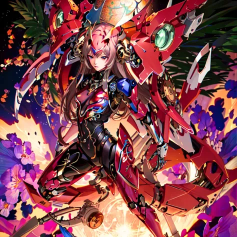 masterpiece,photorealistic,realistic,best quality,highres,extremely detailed CG wallpaper,detailed face,1girl,very long hair,floating hair,small breasts,full body,bokeh,cinematic lighting,chiaroscuro,mecha musume, headgear,mechanical arms, bodysuit,moon,starry sky,galaxy,mechanical horns,mechanical halo,