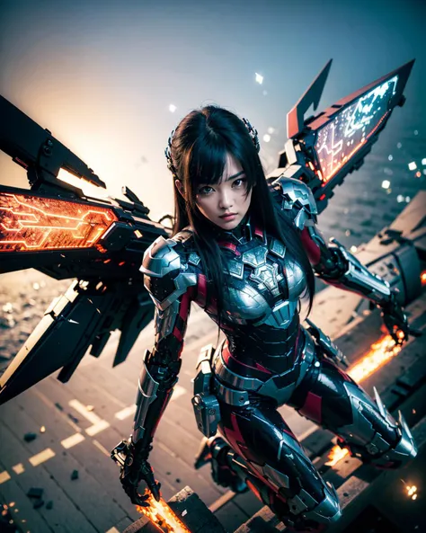 <lora:A-Mecha-REN[color_theme,mecha musume, mechanical parts, robot joints,headgear,full armor]:1>,
best quality, official art,from above, photo of a beautiful girl, ultra detailed, Ultra-detailed depiction, dynamic pose,flying, perfect body, mecha musume, dramatic lighting, ultra detailed, Ultra-detailed depiction, masterpiece, finely detailed, 4k,high_resolution, distinct_image, extremely detailed CG,intricate detail, high_quality, realistic,