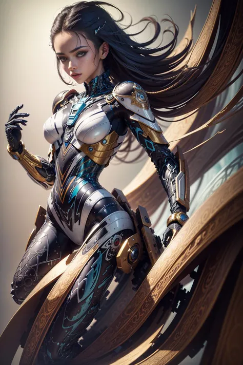(masterpiece, top quality, best quality, official art, beautiful and aesthetic:1.2), candid picture of a beauty, (1girl),highres, ultra detailed, Ultra-precise depiction, Ultra-detailed depiction, solo, (zentangle:1.2), dynamic pose, floating hair, (skinny, thin body: 1.2), tanned skin, shiny skin, (abstract:1.2), mecha suit
 <lora:A-Mecha-REN[color_theme,mecha musume, mechanical parts, robot joints,headgear,full armor]:1>