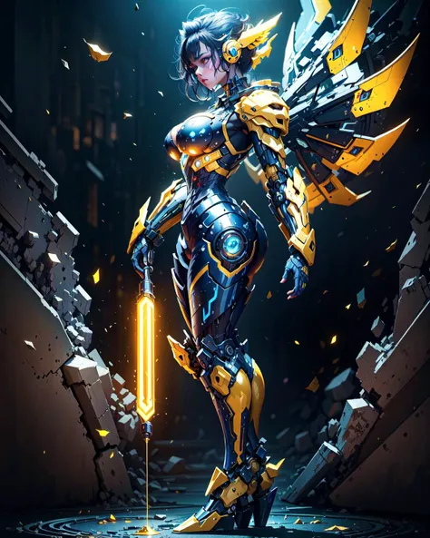 <lora:A-Mecha-REN[color_theme,mecha musume, mechanical parts, robot joints,headgear,full armor]:1>,
best quality, official art, photo of a beautiful girl, ultra detailed, Ultra-detailed depiction, zentangle, side view,standing pose, floating hair,blue big breast, perfect body, yellow big mecha wings, abstract, mecha musume, dramatic lighting,  dramatic lighting, ultra detailed, Ultra-detailed depiction, masterpiece, finely detailed, 4k,high_resolution, distinct_image, extremely detailed CG,intricate detail
, dramatic lighting, ultra detailed, high_quality, realistic,