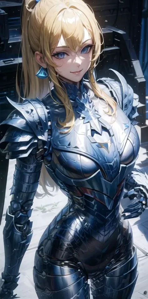 masterpiece, Highest quality, Very detailed, High resolution, Japanese anime,One person,Blonde, (short hair:1.4), Side braids, Curly Hair, Wavy Hair, Drill Hair, Curl your hair outwards, (Mechanical Horn:1.5), Mechanical Wing, (blue eyes:1.5), (Beautiful attention to detail:1.4), smile, Height: 130cm, original character, Fantasy, (Black background:1.2), (whole body:1.8), Beautiful fingers, (Are standing:1.8), Huge breasts, (Blue Gold Lace Frill Armor Dress:1.5), (jeweled hat:1.5) , Shoot from the front, View your viewers  ,,,,, 