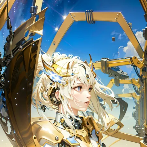 masterpiece,photorealistic,realistic,best quality,highres,extremely detailed CG wallpaper,detailed face,1girl,very long hair,floating hair,small breasts,full body,bokeh,cinematic lighting,chiaroscuro,mecha musume, headgear,mechanical arms, bodysuit,moon,starry sky,galaxy,mechanical horns,mechanical halo,