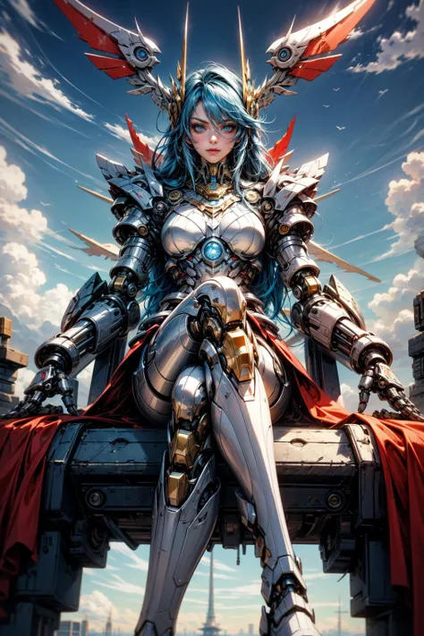 (masterpiece:1.1), (best quality:1.1), (detailed:1.0), (vibrant colors:1.2), BREAK,
(solo:1.2), (1girl:1.0), (sitting on a throne among the clouds:1.0), (crossed legs:1.0), (cute:1.0), (mechanical parts:1.1), (cyborg:1.0), <lora:AMechaSSS:1.0> BREAK,
(science fiction:1.0), (blue sky:1.1), BREAK,