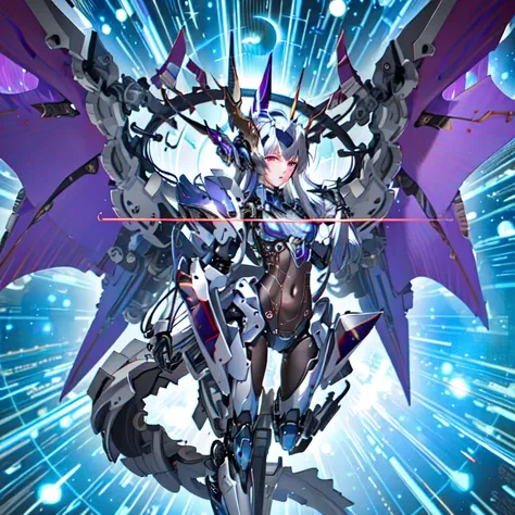 masterpiece,photorealistic,realistic,best quality,highres,extremely detailed CG wallpaper,detailed face,1girl,very long hair,floating hair,small breasts,full body,bokeh,cinematic lighting,chiaroscuro,mecha musume, headgear,mechanical arms, bodysuit,moon,starry sky,galaxy,mechanical horns,mechanical halo,