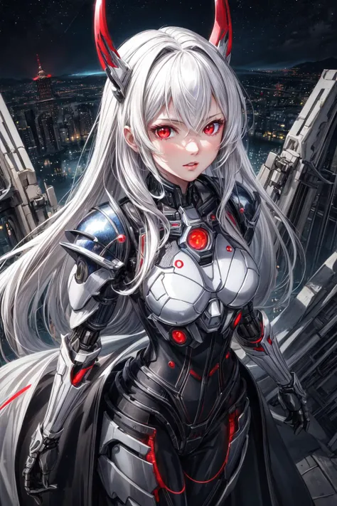 <lora:aaa_Details_CyberAIchemist_add_detail:0.3> <lora:aaa_Details_Lykon_more_details:0.3>
1girl, [small breasts], (red eyes:1.2), glowing eye, eye trail, from above, looking at viewer, very long hair, white hair, hair between eyes, intricate mechanical bodysuit, mecha corset, kimono, ancient japanese architecture, pond, starry sky, skyline
<lora:Attire_rerorerorero_SuperMecha:0.75>,
mecha musume, mechanical parts, headgear, full armor, super robot joints,
masterpiece, best quality, ultra-detailed, very detailed illustrations,extremely detailed, intricate details, highres, super complex details, extremely detailed 8k cg wallpaper, cowboy shot, caustics, reflection, ray tracing, demontheme, nebula, dark aura, cyber effect