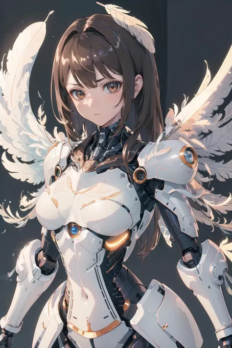 (original) , (very detailed wallpaper) , very detailed illustrations, (1 Girl) , ((Cool tone)),(brown eyes), (delicate face) , perfect detail,mechanization, future, wide hips, laboratory, ((mecha)), stylish energy \(module\), repairing,masterpiece, capelet,(white Armor),(((The background is biological feather wings))),upper body,long hair,
(best lighting) , (super complex detail) , 4K Unity, (super detailed CG: 1.2) , (4K: 1.2) , lifelike,looking at viewer, <lora:aMechaMusumeA_arc:0.7>,(brown hair),glaring,shadow,handsome,