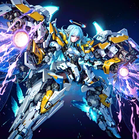 masterpiece,photorealistic,realistic,best quality,highres,extremely detailed CG wallpaper,detailed face,1girl,light blue hair,very long hair,floating hair,small breasts,full body,bokeh,cinematic lighting,chiaroscuro,mecha musume, headgear,mechanical arms, bodysuit,moon,starry sky,galaxy,mechanical horns,mechanical halo,