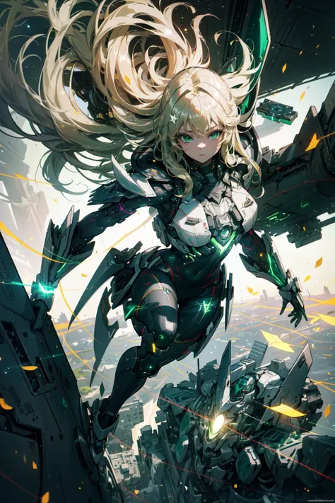 a girl flying over a futuristic city, (flying:1.4), (futuristic city:1.4),(Thick Body:1.4), (Long Blond Hair:1.4), Green Eyes, HDR (High Dynamic Range), Ray Tracing, NVIDIA RTX, Super-Resolution, Unreal 5, Subsurface Scattering, PBR Texturing, Post-Processing, Anisotropic Filtering, Depth-Of-Field ,Maximum Clarity And Sharpness, Multi-Layered Textures, Albedo And Specular Maps, Surface Shading, Accurate Simulation Of Light-Material Interaction, Octane Render, Two-Tone Lighting, Low ISO, White Balance, Rule Of Thirds, Wide Aperture, 8K RAW, Efficient Sub-Pixel, Sub-Pixel Convolution, (Luminescent Particles:1.4), {{Masterpiece, Best Quality, Extremely Detailed CG, Unity 8k Wallpaper, 3D, Cinematic Lighting, Lens Flare}},  <lora:add_detail:0.2>, <lora:Niji:0.5>,  <lora:A-Mecha-REN[color_theme,mecha musume, mechanical parts, robot joints,headgear,full armor]:1>