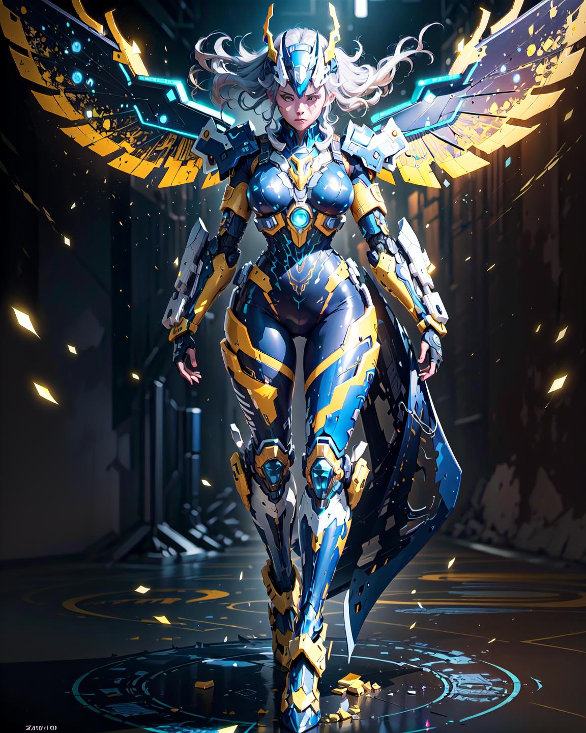 A woman in a blue and yellow outfit with wings - SeaArt AI