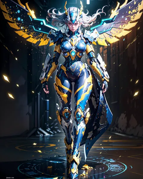 <lora:A-Mecha-REN[color_theme,mecha musume, mechanical parts, robot joints,headgear,full armor]:1>,
best quality, official art, photo of a beautiful girl, ultra detailed, Ultra-detailed depiction, zentangle, standing pose, floating hair,blue big breast, perfect body, yellow big mecha wings, abstract, mecha musume, dramatic lighting,  dramatic lighting, ultra detailed, Ultra-detailed depiction, masterpiece, finely detailed, 4k,high_resolution, distinct_image, extremely detailed CG,intricate detail
, dramatic lighting, ultra detailed, high_quality, realistic,