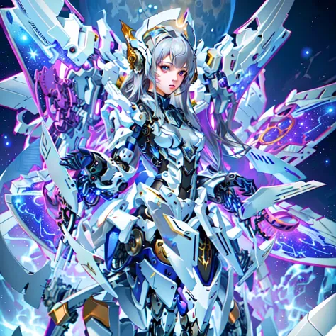 masterpiece,photorealistic,realistic,best quality,highres,extremely detailed CG wallpaper,detailed face,1girl,very long hair,floating hair,small breasts,full body,bokeh,cinematic lighting,chiaroscuro,mecha musume, headgear,mechanical arms, bodysuit,moon,starry sky,galaxy,mechanical horns,mechanical halo,