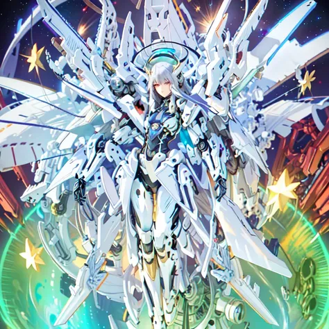masterpiece,photorealistic,realistic,best quality,highres,extremely detailed CG wallpaper,detailed face,1girl,very long hair,floating hair,small breasts,full body,bokeh,cinematic lighting,chiaroscuro,mecha musume, headgear,mechanical arms, bodysuit,moon,starry sky,galaxy,mechanical horns,mechanical halo,
