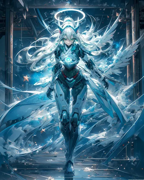 masterpiece,best quality,ultra-detailed,very detailed illustrations,extremely detailed,intricate details,highres,super complex details,extremely detailed 8k cg wallpaper,cowboy shot, full body, caustics,reflection,ray tracing,demontheme,nebula,dark aura,cyber effect, (1girl:1.4),solo,alone,mecha musume,mechanical parts, robot joints,single mechanical arm, headgear, wings, mechanical halo,star, intricate mechanical bodysuit, mecha corset, full armor, very long hair,white hair, hair between eyes, colored inner hair, green eyes,glowing eye,eye trail, random expressions,random action, ancient japanese architecture
<lora:outfit_mechaarmor:0.8>