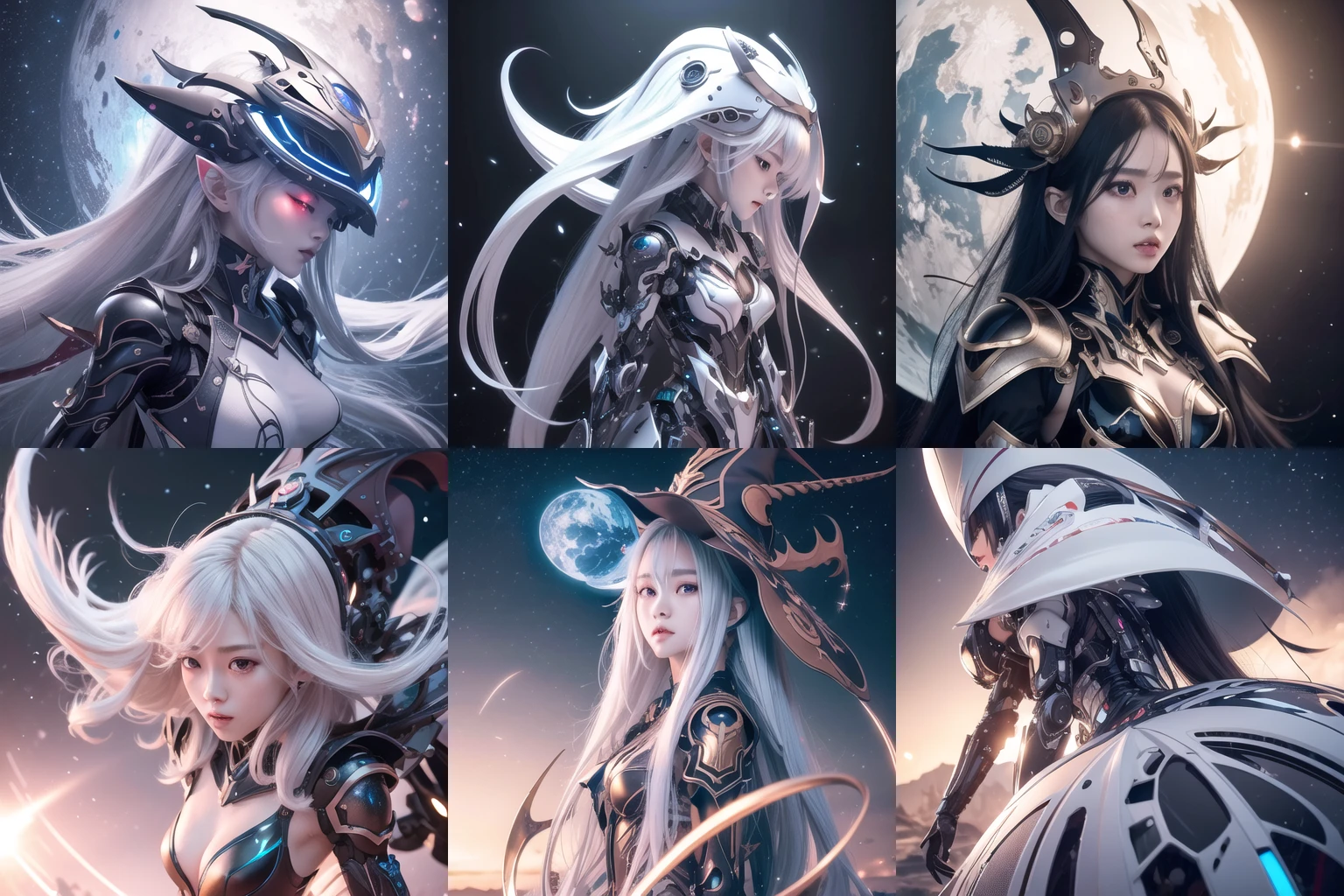 black_mechanical arms,
pureerosface_v1,
cleavage, long long hair,
1girl, white_hair,full body,
elf, witch hat, floating in space, energy sphere, light particles, shining stars, fantasy,, (8k, best quality, masterpiece:1.2), ultra-detailed, Masterpiece, realistic lighting,masterpiece, best quality, masterpiece,best quality,official art,extremely detailed CG unity 8k wallpaper,, mecha musume, headgear, mechanical arms, <lora:aMechaMusumeA_v1:0.8>,