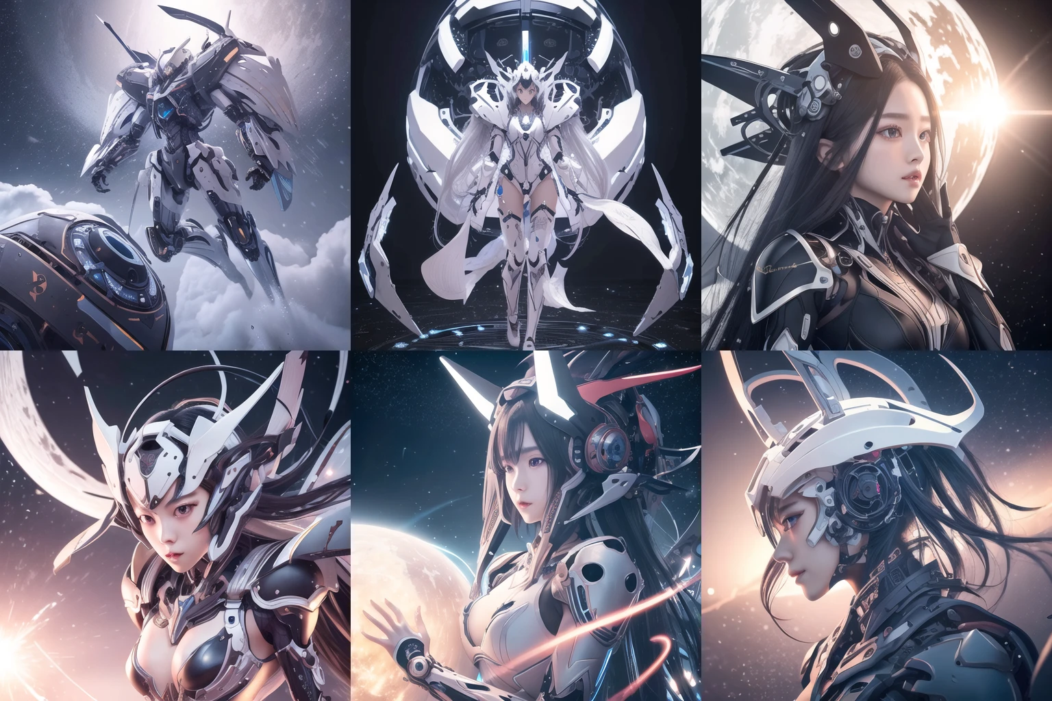 black_mechanical arms,
pureerosface_v1,
cleavage, long long hair,
1girl, white_hair,full body,
floating in space, energy sphere, light particles, shining stars, fantasy,, (8k, best quality, masterpiece:1.2), ultra-detailed, Masterpiece, realistic lighting,masterpiece, best quality, masterpiece,best quality,official art,extremely detailed CG unity 8k wallpaper,, mecha musume, headgear, mechanical arms, <lora:aMechaMusumeA_v1:0.8>,