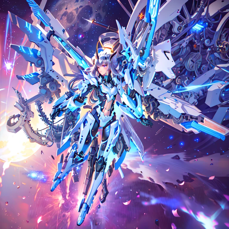 masterpiece,photorealistic,realistic,best quality,highres,extremely detailed CG wallpaper,detailed face,1girl,very long hair,floating hair,small breasts,full body,bokeh,cinematic lighting,chiaroscuro,mecha musume, headgear,mechanical arms, bodysuit,moon,starry sky,galaxy,mechanical horns,mechanical halo,