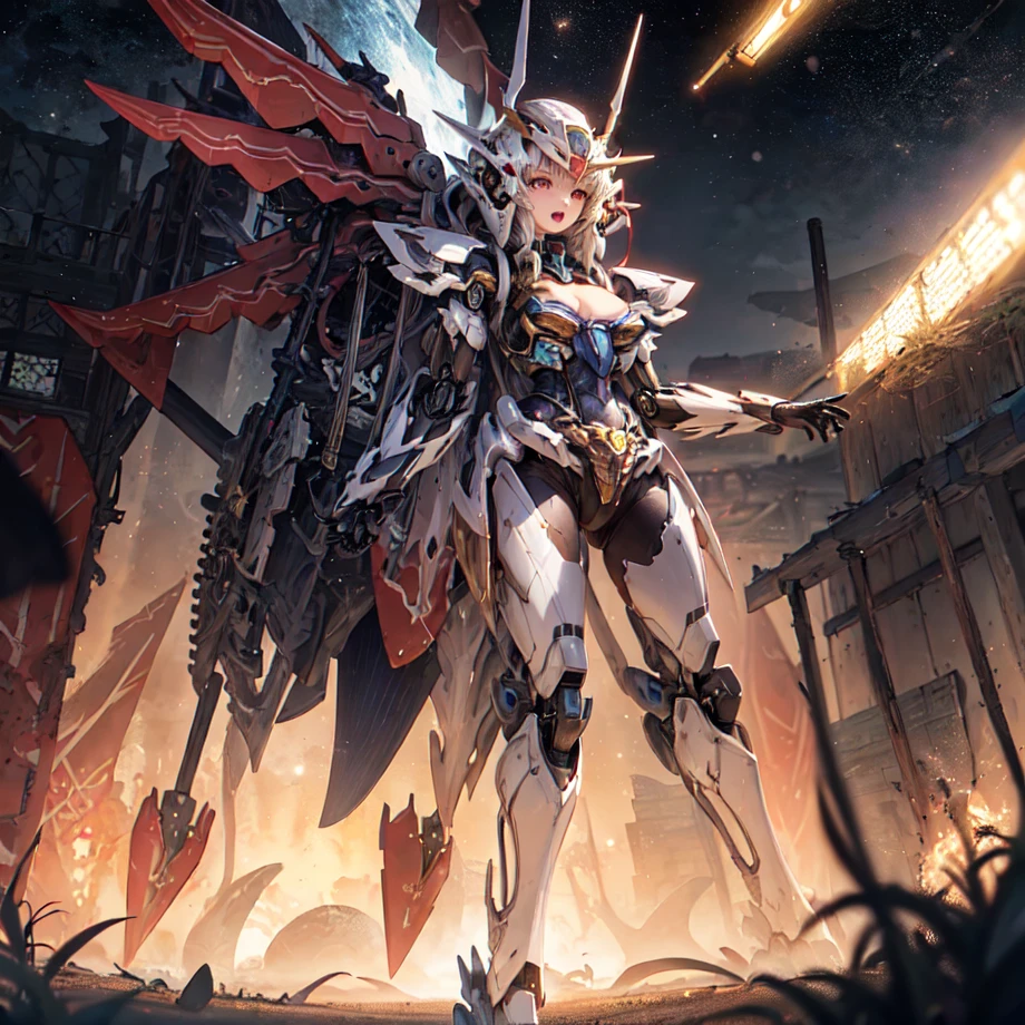 (a mecha girl,  forehead hair,  bare human thigh, bare human waist, small pointy breast, cleavage), detailed face ,open mouth, (([champagne gold|Red|black]_mecha:1.2)), <lora:cMechaMusumeC_cV1:0.7> , masterpiece, best quality, high quality, extremely detailed CG unity 8k wallpaper, highres, high quality, 8k, ultra detailed, ultra quality , detailed and intricate, original,highres , best shadow, high lighting detail ,perfect lighting, colorful , mecha musume, mechanical arms, headgear,   outdoors, galaxy , space station , standing, spread leg, arm up,  glowing, mysterious, enchanting, whimsical, playful, adventurous, freedom, wonder, imagination, determination, skill, speed, movement, energy, realism, naturalistic, figurative, representational, beauty, fantasy culture, mythology, fairy tales, folklore, legends, witches, wizards, magical creatures, fantasy worlds, composition, scale, foreground, middle ground, background, perspective, light, color, texture, detail, beauty, wonder,