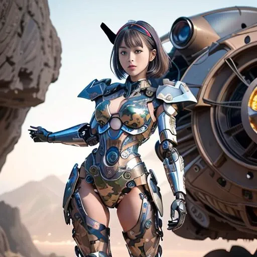 <lora:virtualgirlRin_v20:0.5> short hair, bob hair, brown hair, brown eyes, (a mecha girl, bare human thigh, bare human waist, small breast, cleavage), detailed face, (camo_bodysuit:1), (camo_mecha:1.5), <lora:aMechaMusumeA_arc:1> , masterpiece, best quality, high quality, extremely detailed CG unity 8k wallpaper, highres, high quality, 8k, ultra detailed, ultra quality , detailed and intricate, original,highres , best shadow, high lighting detail ,perfect lighting, colorful , (mecha musume:1.5), (mechanical arms:1.2), (headgear:1), (galaxy) , (space station) , standing, spread leg, arm up, glowing, mysterious, enchanting, whimsical, playful, adventurous, freedom, wonder, imagination, determination, skill, speed, movement, energy, realism, naturalistic, figurative, representational, beauty, fantasy culture, mythology, fairy tales, folklore, legends, witches, wizards, magical creatures, fantasy worlds, composition, scale, foreground, middle ground, background, perspective, light, color, texture, detail, beauty, wonder,